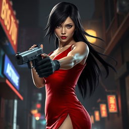 A stunning and fierce portrait of Ada Wong, the iconic character from Resident Evil, showcasing her in a high-stakes action scene