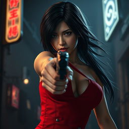 A stunning and fierce portrait of Ada Wong, the iconic character from Resident Evil, showcasing her in a high-stakes action scene