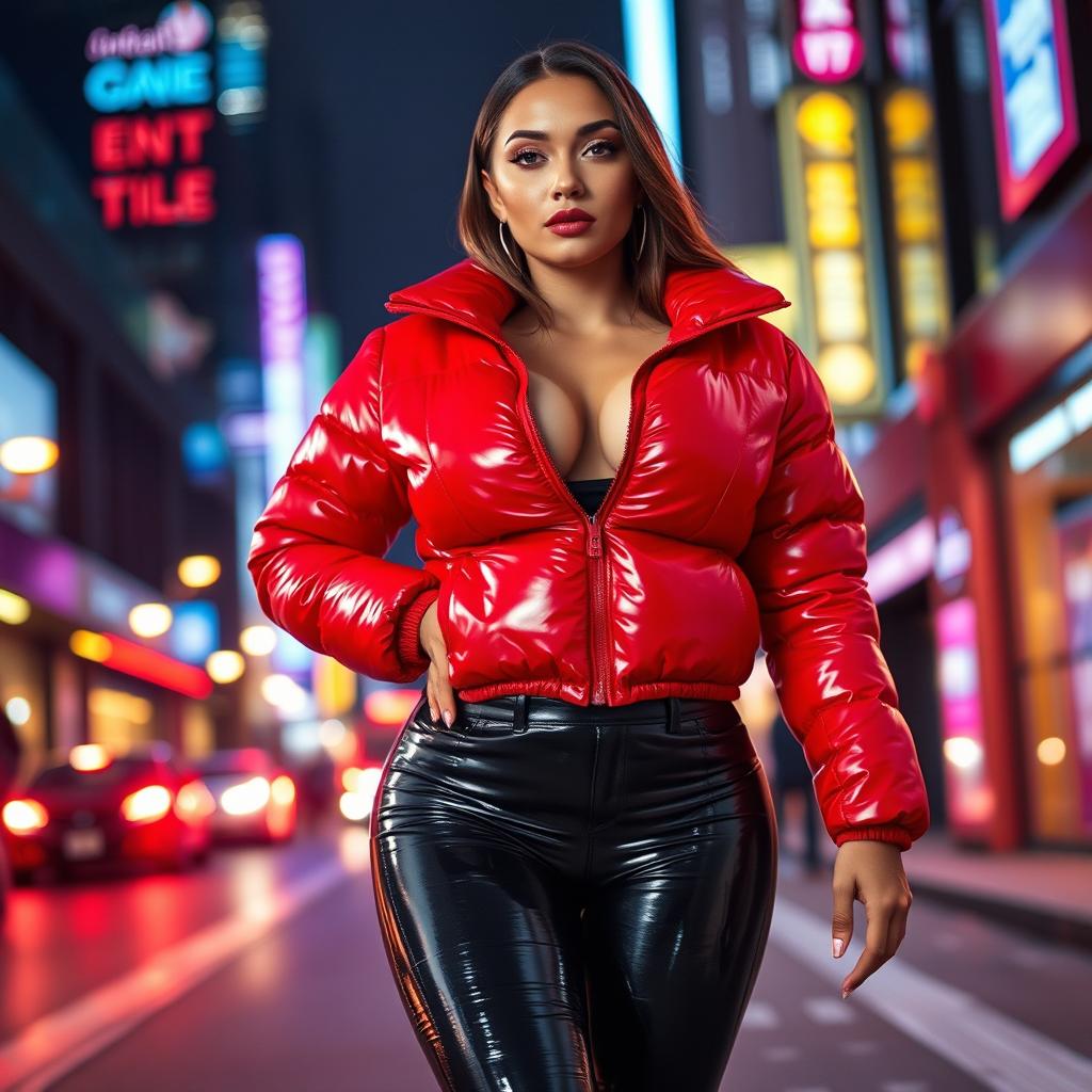 A strikingly attractive slim woman with voluptuous curves, prominently featuring her large breasts in a shiny red tight puffer jacket that fits snugly, complemented by sleek black latex leggings that emphasize her toned legs and figure
