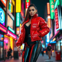 A strikingly attractive slim woman with voluptuous curves, prominently featuring her large breasts in a shiny red tight puffer jacket that fits snugly, complemented by sleek black latex leggings that emphasize her toned legs and figure