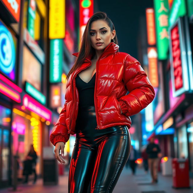 A strikingly attractive slim woman with voluptuous curves, prominently featuring her large breasts in a shiny red tight puffer jacket that fits snugly, complemented by sleek black latex leggings that emphasize her toned legs and figure