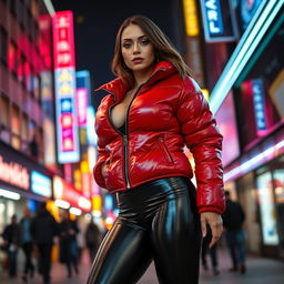 A strikingly attractive slim woman with voluptuous curves, prominently featuring her large breasts in a shiny red tight puffer jacket that fits snugly, complemented by sleek black latex leggings that emphasize her toned legs and figure