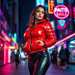 A strikingly attractive slim woman with voluptuous curves, prominently featuring her large breasts in a shiny red tight puffer jacket that fits snugly, complemented by sleek black latex leggings that emphasize her toned legs and figure