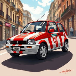 A detailed and vibrant illustration of a 1993 Suzuki Swift, artistically painted in the colors and style of the Athletic Bilbao football club