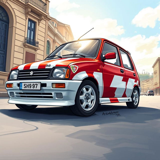 A detailed and vibrant illustration of a 1993 Suzuki Swift, artistically painted in the colors and style of the Athletic Bilbao football club