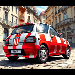 A detailed and vibrant illustration of a 1993 Suzuki Swift, artistically painted in the colors and style of the Athletic Bilbao football club