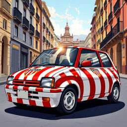 A detailed and vibrant illustration of a 1993 Suzuki Swift, artistically painted in the colors and style of the Athletic Bilbao football club