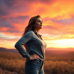 A realistic woman in a confident pose standing in a landscape at dawn or dusk