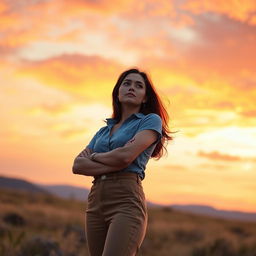 A realistic woman in a confident pose standing in a landscape at dawn or dusk