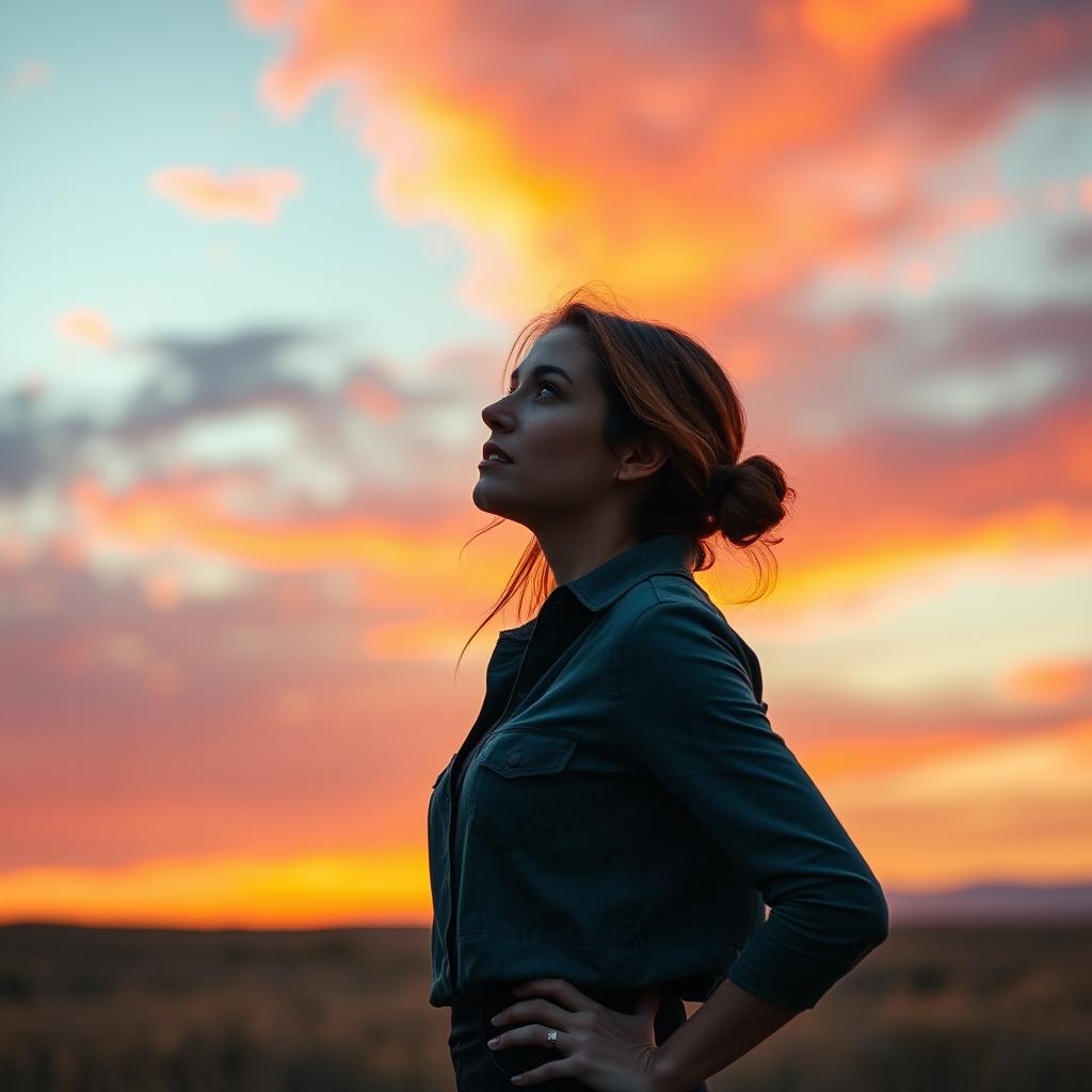 A realistic woman in a confident pose standing in a landscape at dawn or dusk