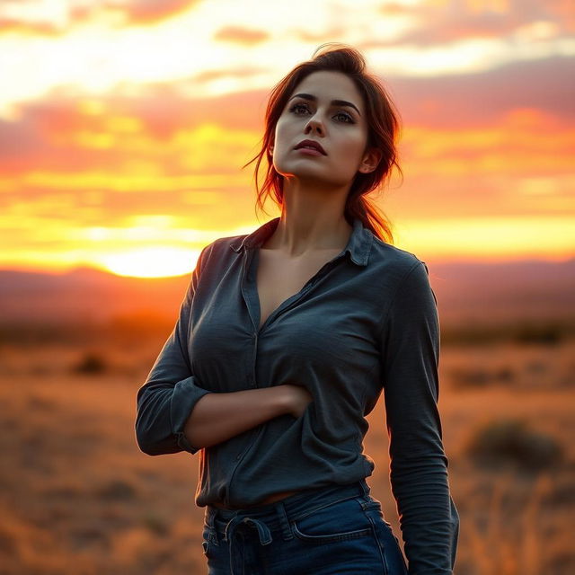 A realistic woman in a confident pose standing in a landscape at dawn or dusk