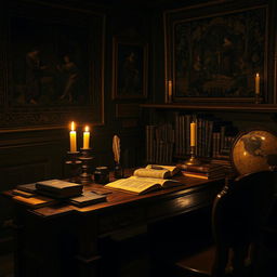 A cozy, candle-lit wooden desk set in a dimly lit room, scattered with 17th century books with rich, worn leather bindings