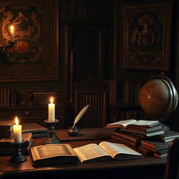 A cozy, candle-lit wooden desk set in a dimly lit room, scattered with 17th century books with rich, worn leather bindings