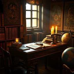 A cozy, candle-lit wooden desk set in a dimly lit room, scattered with 17th century books with rich, worn leather bindings