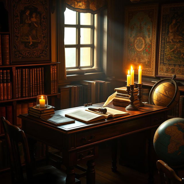 A cozy, candle-lit wooden desk set in a dimly lit room, scattered with 17th century books with rich, worn leather bindings