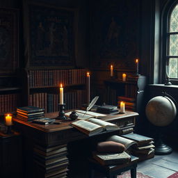 A cozy, candle-lit wooden desk set in a dimly lit room, scattered with 17th century books with rich, worn leather bindings