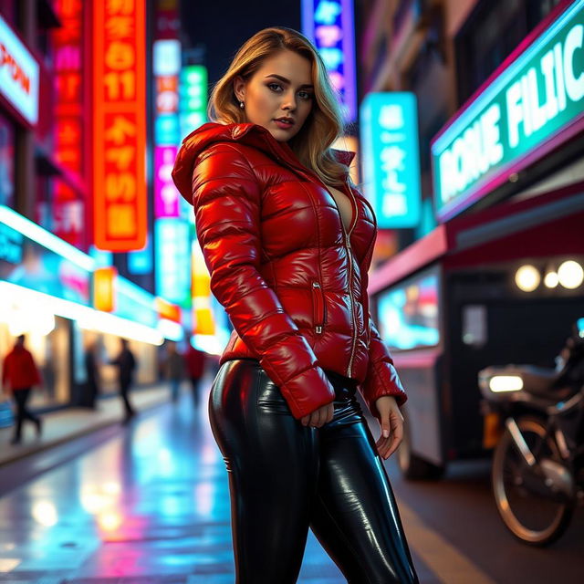 A hot slim woman with prominent curves, showcasing her ample breasts in a shiny red tight puffer jacket that clings to her figure, complemented by form-fitting black latex leggings that accentuate her long legs and slim waist