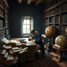 A detailed scene of a 17th century man meticulously writing at a wooden desk, surrounded by numerous scrolls and parchment papers