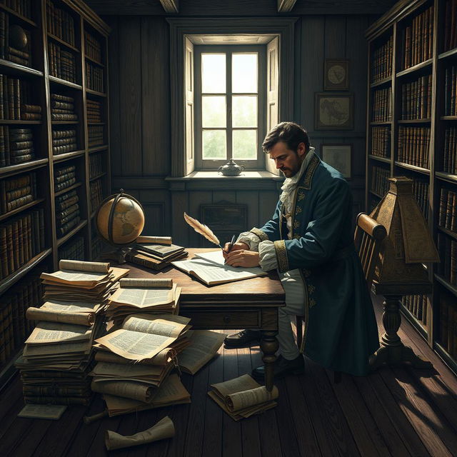 A detailed scene of a 17th century man meticulously writing at a wooden desk, surrounded by numerous scrolls and parchment papers