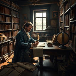 A detailed scene of a 17th century man meticulously writing at a wooden desk, surrounded by numerous scrolls and parchment papers