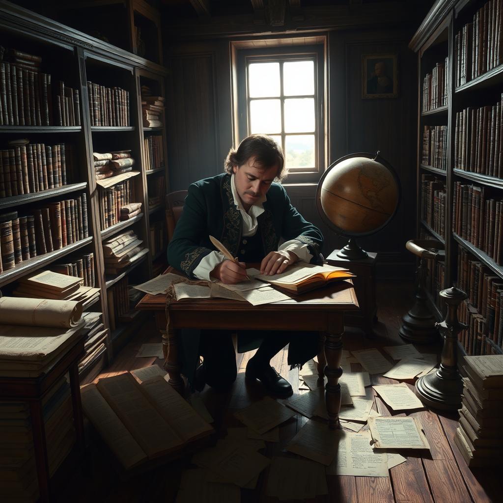 A detailed scene of a 17th century man meticulously writing at a wooden desk, surrounded by numerous scrolls and parchment papers