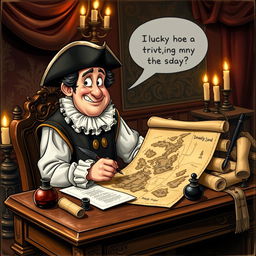 A humorous scene depicting a 17th-century man, dressed in period-appropriate clothing with a ruffled collar and a tricorn hat, sitting at an ornate wooden writing desk