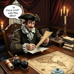 A humorous scene depicting a 17th-century man, dressed in period-appropriate clothing with a ruffled collar and a tricorn hat, sitting at an ornate wooden writing desk