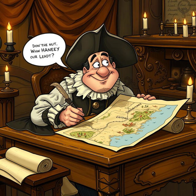 A humorous scene depicting a 17th-century man, dressed in period-appropriate clothing with a ruffled collar and a tricorn hat, sitting at an ornate wooden writing desk