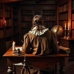 A 17th century man sitting at a wooden desk, writing with a quill pen, viewed from behind