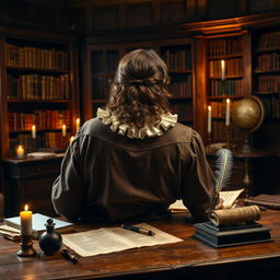 A 17th century man sitting at a wooden desk, writing with a quill pen, viewed from behind