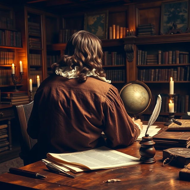 A 17th century man sitting at a wooden desk, writing with a quill pen, viewed from behind