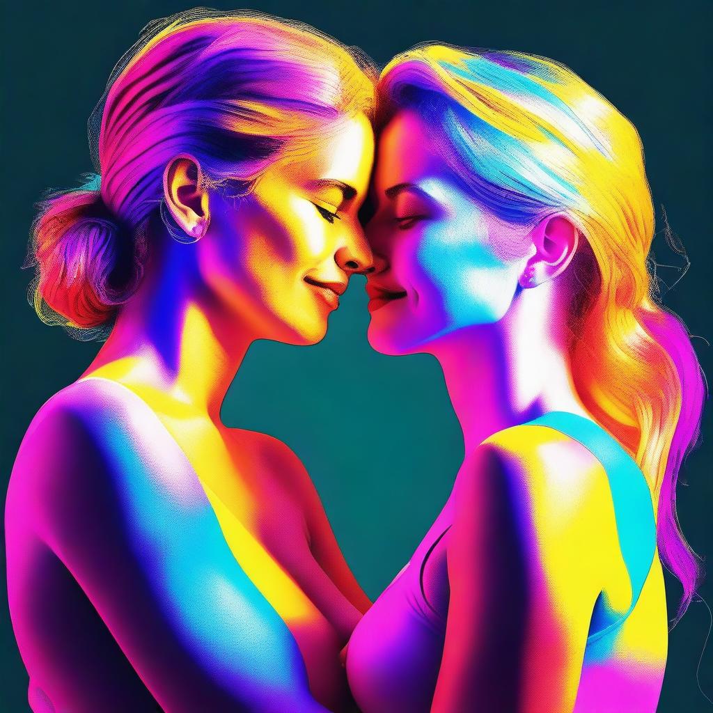 A high-quality digital artwork depicting two lesbian lovers, aged 32 and 27, in a loving embrace