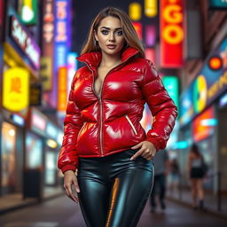 A beautiful slim woman with pronounced curves, prominently displaying her large breasts in a shiny red tight puffer jacket that hugs her body, paired with sleek black latex leggings that highlight her curves and slender figure