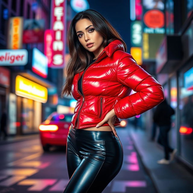 A beautiful slim woman with pronounced curves, prominently displaying her large breasts in a shiny red tight puffer jacket that hugs her body, paired with sleek black latex leggings that highlight her curves and slender figure