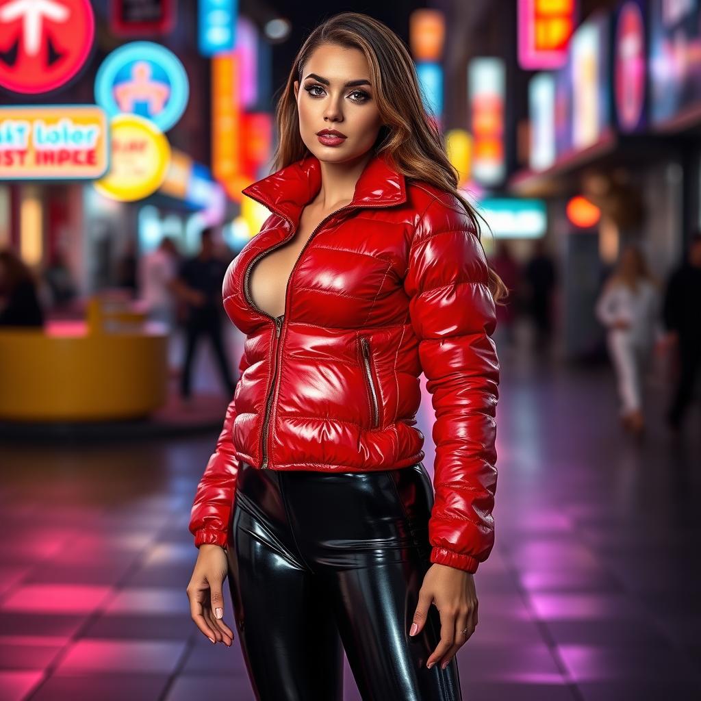 A beautiful slim woman with pronounced curves, prominently displaying her large breasts in a shiny red tight puffer jacket that hugs her body, paired with sleek black latex leggings that highlight her curves and slender figure