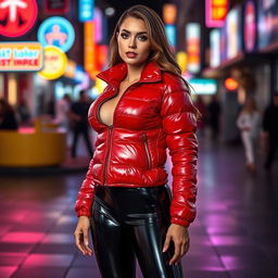 A beautiful slim woman with pronounced curves, prominently displaying her large breasts in a shiny red tight puffer jacket that hugs her body, paired with sleek black latex leggings that highlight her curves and slender figure