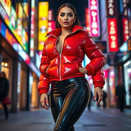 A stunning slim woman with curvy features and large breasts, wearing a shiny red tight puffer jacket that fits her perfectly, paired with form-fitting black latex leggings that showcase her legs