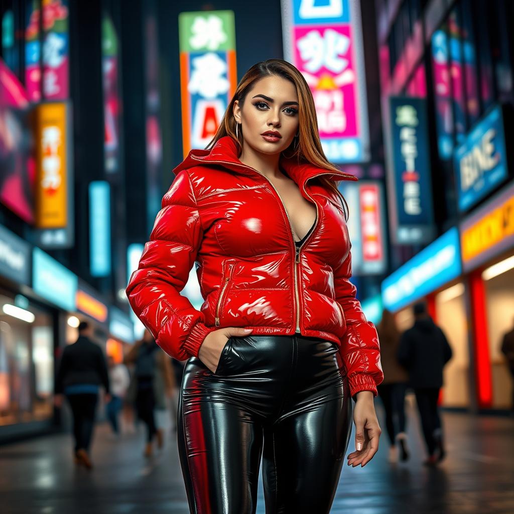 A stunning slim woman with curvy features and large breasts, wearing a shiny red tight puffer jacket that fits her perfectly, paired with form-fitting black latex leggings that showcase her legs