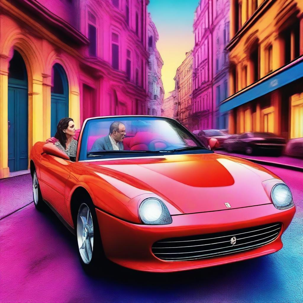 A high-quality digital art piece capturing a 55-year-old mysterious man and a 33-year-old lady in a pleasant mood, sitting inside a Ferrari