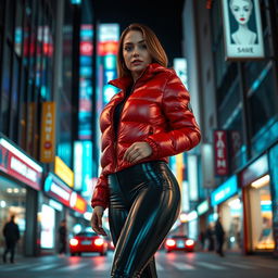 A stunning slim woman with curvy features and large breasts, wearing a shiny red tight puffer jacket that fits her perfectly, paired with form-fitting black latex leggings that showcase her legs