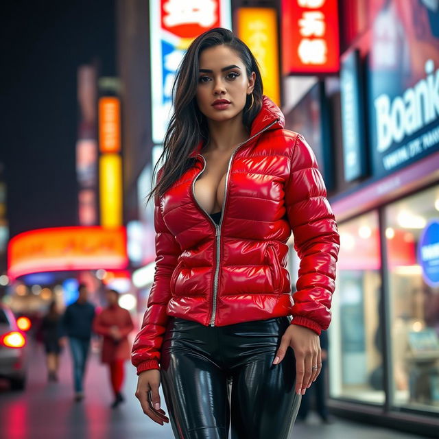 A stunning slim woman with curvy features and large breasts, wearing a shiny red tight puffer jacket that fits her perfectly, paired with form-fitting black latex leggings that showcase her legs