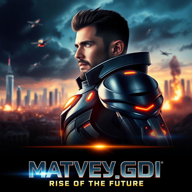 An epic movie poster featuring a heroic character named Matvey_GDI, set against a dramatic sci-fi landscape with a futuristic city skyline in the background