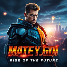 An epic movie poster featuring a heroic character named Matvey_GDI, set against a dramatic sci-fi landscape with a futuristic city skyline in the background