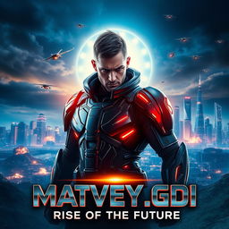 An epic movie poster featuring a heroic character named Matvey_GDI, set against a dramatic sci-fi landscape with a futuristic city skyline in the background