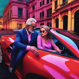 A high-quality digital art piece capturing a 55-year-old mysterious man and a 33-year-old lady in a pleasant mood, sitting inside a Ferrari