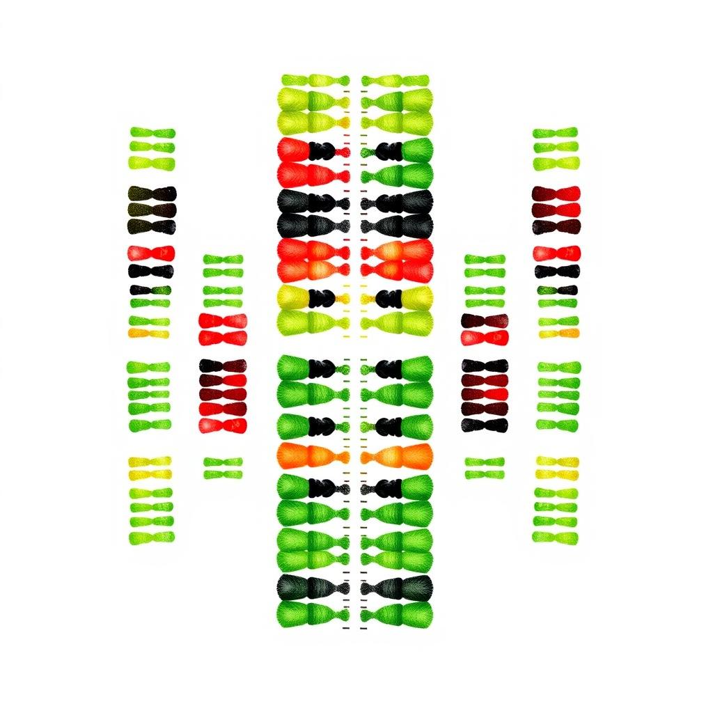 A detailed and visually striking illustration of the karyotype of a watermelon (Citrullus lanatus), showcasing the chromosomes arranged in pairs, with vibrant colors typically associated with watermelon such as green, red, and black