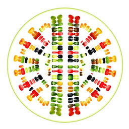 A detailed and visually striking illustration of the karyotype of a watermelon (Citrullus lanatus), showcasing the chromosomes arranged in pairs, with vibrant colors typically associated with watermelon such as green, red, and black