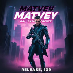 A dramatic movie poster featuring the character Matvey_GDI, an intense and resolute hero in a futuristic cityscape