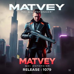 A dramatic movie poster featuring the character Matvey_GDI, an intense and resolute hero in a futuristic cityscape