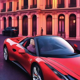 A high-quality digital art piece capturing a 55-year-old mysterious man and a 33-year-old lady in a pleasant mood, sitting inside a Ferrari